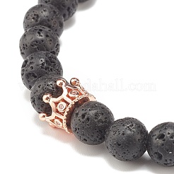 Natural Lava Rock Round Beaded Stretch Bracelet with Clear Cubic Zirconia Crown&nbsp;BJEW-JB07797-04