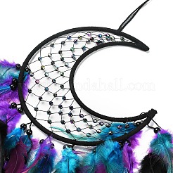 Moon Woven Web/Net with Feather Hanging Ornaments&nbsp;HJEW-G025-09A