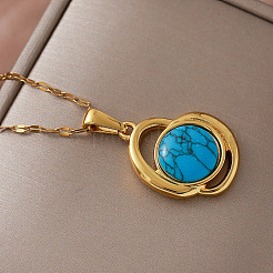 Vintage 304 Stainless Steel & Synthetic Turquoise Heart Pendant Necklaces for Women&nbsp;LS-VY8520