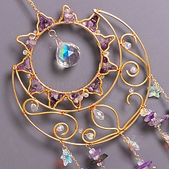 Natural Amethyst Chips & Metal Sun Moon Suncatchers&nbsp;HJEW-F027-12