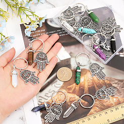 12Pcs 12 Style Bullet Gemstone & Glass Pendant Keychain with Hamsa Hand/Hand of Miriam with Eye Charm&nbsp;KEYC-GL0001-05