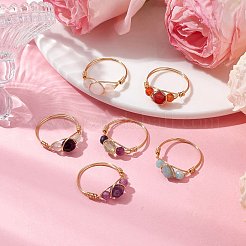 6Pcs Round Natural Rose Quartz & Amethyst & Fluorite & Carnelian & Amazonite & Red Agate Finger Ring&nbsp;RJEW-JR00754-S