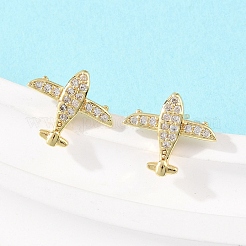 Brass Micro Pave Clear Cubic Zirconia Airplane Stud Earrings&nbsp;LS-EJEW-F400-16G