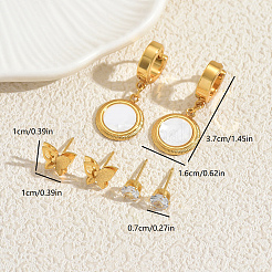 3 Pairs Stainless Steel Shell Flat Round & Butterfly Earring Sets&nbsp;IX5704