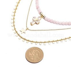 3Pcs 3 Style Natural Rose Quartz Cross & Star Pendant Necklaces Set with Brass Chains&nbsp;NJEW-JN04032