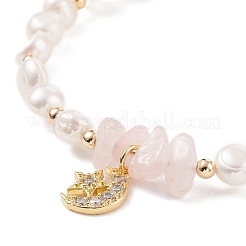 Natural Rose Quartz Chips & Pearl Beaded Bracelet&nbsp;BJEW-JB08236-01