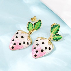 304 Stainless Steel Enamel Strawberry Dangle Stud Earrings&nbsp;LS-EJEW-A138-10G-02