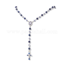 Handmade Blue and White Porcelain and Dyed Natural Lapis Lazuli Round Rosary Bead Necklaces&nbsp;NJEW-JN05750