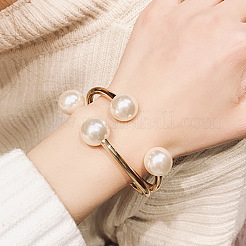 Alloy Wire Wrap with Plastic Pearl Cuff Bangle&nbsp;BJEW-K223-08KCG