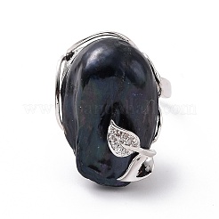 Natural Pearl Nugget with Cubic Zirconia Leaf Open Cuff Ring&nbsp;RJEW-P033-02P-01A