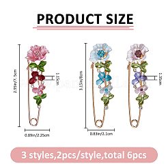6Pcs 3 Styles Flower Alloy Rhinestone Safety Pin Brooches for Backpack Clothes&nbsp;JEWB-FH0002-57