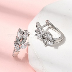 Leaf Brass Micro Pave Clear Cubic Zirconia Hoop Earrings&nbsp;EJEW-H180-29P