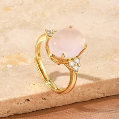 Brass Micro Pave Cubic Zirconia with Natural Rose Quartz Cuff Open Rings&nbsp;RJEW-T035-01G-L