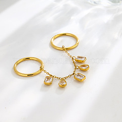 304 Stainless Steel & Cubic Zirconia Double Finger Rings&nbsp;WGBA935-01