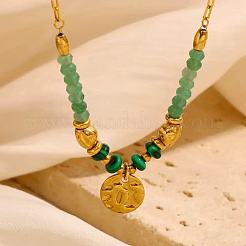 Stainless Steel Disc Pendant Natural Green Aventurine & Synthetic Malachite Beaded Necklaces for Women&nbsp;HX3961