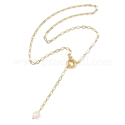 Adjustable 304 Stainless Steel Figaro Chain Natural Pearl Rice Y Tassel Lariat Necklaces for Women&nbsp;NJEW-JN06146