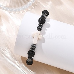 2Pcs 2 Styles Natural Lava Rock & Synthetic Turquoise & Non-magnetic Hematite Cross & Round Beaded Stretch Bracelets for Women Men&nbsp;BJEW-JB13929