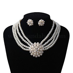 Flower Alloy Crystal Rhinestone & Plastic Pearl Multi-layer Necklace & Stud Earrings Sets for Women&nbsp;WGAF3FB-02