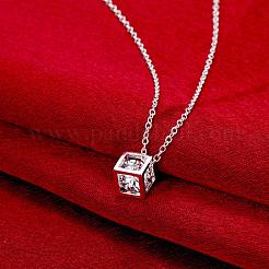 Silver Color Plated Brass Cubic Zirconia Cube Pendant Necklace&nbsp;NJEW-BB00455