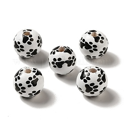 Dog Paw Printed Round Wood European Beads&nbsp;WOOD-K007-06