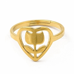 Ion Plating(IP) 304 Stainless Steel Heart with Flower Adjustable Ring for Women&nbsp;RJEW-B027-30G