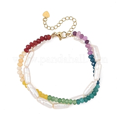 Dyed Faceted Rondelle Chakra Natural Malaysia Jade & Baroque Keshi Pearl Biwa Stick Beaded 2-strand Bracelets for Women&nbsp;BJEW-JB14449