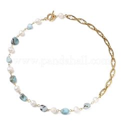Natural Larimar Nuggets & Cultured Freshwater Pearl Beaded Chain Necklaces for Women&nbsp;NJEW-JN06667