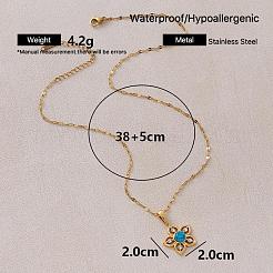Vintage 304 Stainless Steel & Synthetic Turquoise Flower Pendant Necklaces with Crystal Rhinestone for Women&nbsp;RQ4537