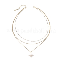 Brass Pave Clear Cubic Zirconia Pendant 304 Stainless Steel & Imitaiton Pearl Link Chain 3 Layer Necklaces for Women&nbsp;NJEW-JN05472-04