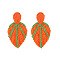 Raffia Stud Dangle Earrings, Leaf, Dark Orange, 80x43mm