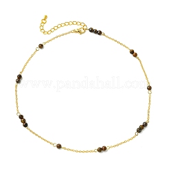 5MM Round Natural Tiger Eye Beads Brass Cable Chain Necklaces for Women&nbsp;NJEW-JN06378-02