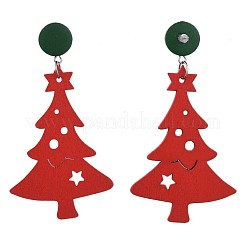 Christmas Tree Dyed Poplar Wood Dangle Stud Earrings&nbsp;EJEW-JE03359-02