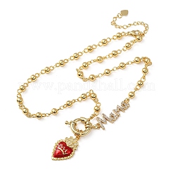 Mother's Day Brass Micro Pave Clear Cubic Zirconia Enamel Red Sacred Heart Mama Pendant Necklaces for Women&nbsp;NJEW-A071-12D-G