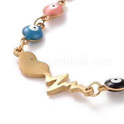 PVD Vacuum Plating 304 Stainless Steel Heart Beat Link Bracelet with Colorful Enamel Evil Eye Chains for Women&nbsp;BJEW-B062-03G