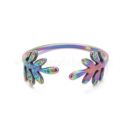 Ion Plating(IP) Rainbow Color 304 Stainless Steel Leaf Open Cuff Ring for Women&nbsp;RJEW-C025-24M