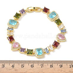 Brass Micro Pave Colorful Cubic Zirconia Rectangle & Square & Teardrop Link Chain Bracelets for Women&nbsp;BJEW-G764-07G