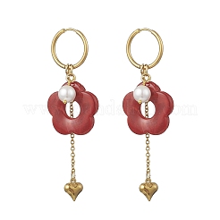 304 Stainless Steel Flower with Heart Tassel  Hoop Earrings&nbsp;EJEW-JE06730