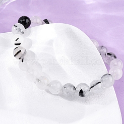 Natural Tourmalinated Quartz Round Beaded Stretch Bracelets for Men Women&nbsp;BJEW-G743-01C