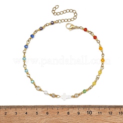 Baras Pave Clar Cubic Zirconia Flat Round & Cross Natural White Shell & Faceted Rondelle Glass Bead Chain Anklets for Women&nbsp;AJEW-AN00824
