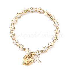 2Pcs 2 Colors Acrylic Beads & Alloy Enamel Cross & CCB Plastic Heart Stretch Charm Bracelet Sets for Women&nbsp;BJEW-JB14200