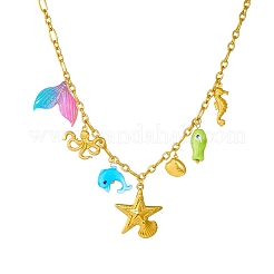 Ocean 304 Stainless Steel & Plastic Starfish Sea Horse Fish Pendant Necklaces for Women&nbsp;NJEW-G180-04G