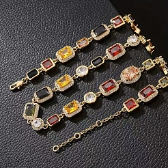 Vintage Chinese Style Brass Pave Cubic Zirconia Geometric Flat Round Square Link Chain Necklaces for Parties&nbsp;PU9182