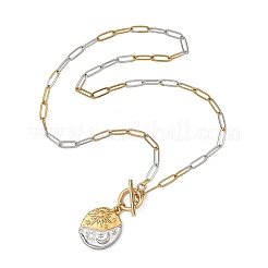 Two Tone 304 Stainless Steel Paperclip Chain Moon with Sun Coin Pendant Necklaces&nbsp;NJEW-JN06573