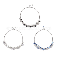 3Pcs 3 Colors Round Glass Beaded Bib 304 Stainless Steel Rolo Chain Necklaces&nbsp;NJEW-JN05359