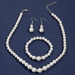 Plastic Imitation Pearl Round Beads Bracelets & Dangle Earrings & Necklaces Sets for Women&nbsp;FS-WG77A0B-01