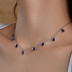 Rhodium Plated 925 Sterling Silver Pave Blue Cubic Zirconia Cable Chain Teardrop Tassel Necklaces for Women&nbsp;NJEW-Q342-14P