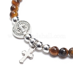 7Pcs 7 Style Natural Mixed Gemstone & Alloy Saint Benedict Medal Beaded Stretch Bracelets Set&nbsp;BJEW-JB08877