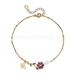 Natural Ruby Beaded Flower Link 304 Stainless Steel Cable Chain Anklets with Natural Pearl for Women&nbsp;AJEW-AN00854