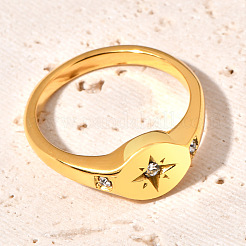 Flat Round with Star Pattern 304 Stainless Steel Micro Pave Clear Cubic Zirconia Finger Rings&nbsp;FS-WG7CEF6-02