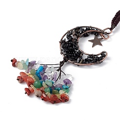 Natural Dyed & Heated Black Agate Moon with Mixed Gemstone Chips Tassel Pendant Decorations&nbsp;G-L524-07R-A01
